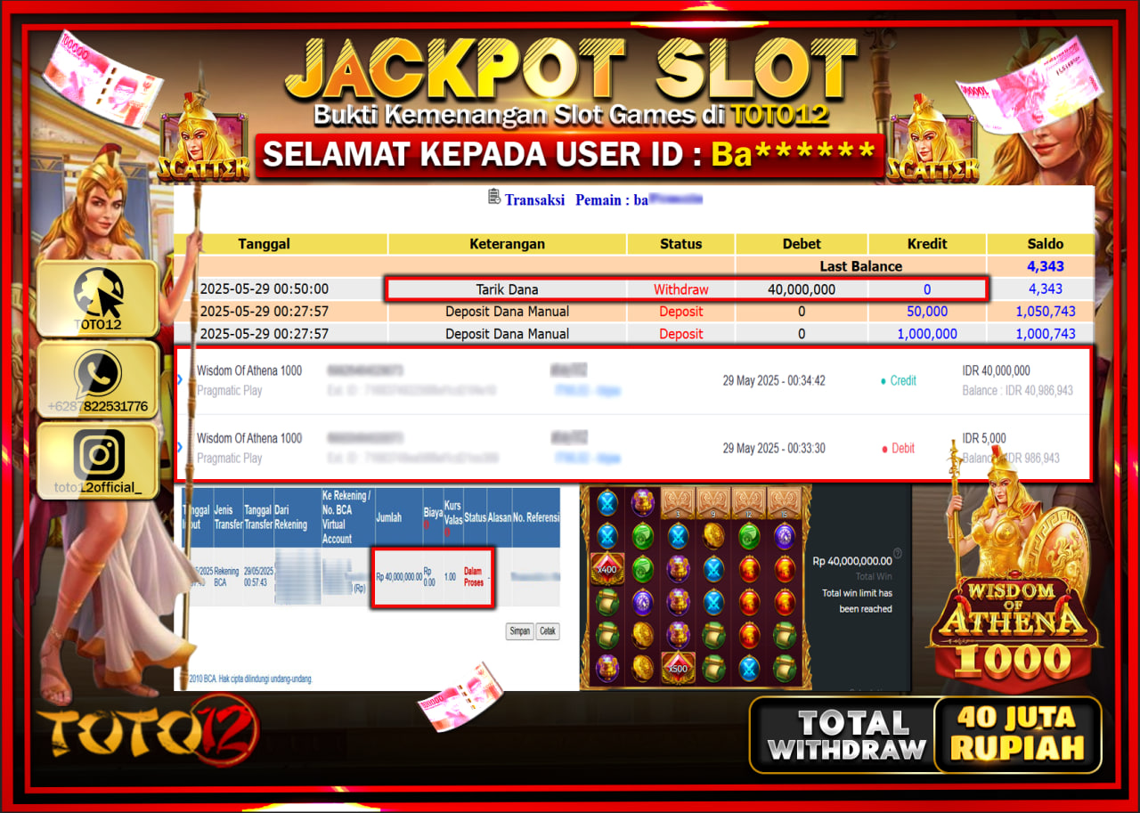 HANYA DI TOTO12 JP PASTI DI BAYAR LUNAS DAN CEPAT!!!!!! JACKPOT SLOT GAME (WISDOM OF ATHENA 1000) Rp.40.000.000 !!!!