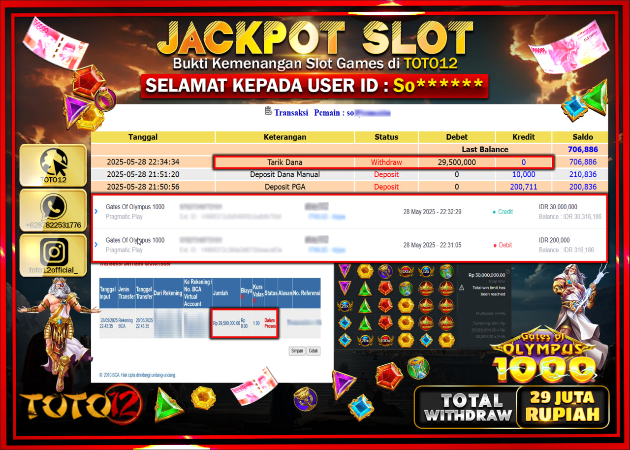 HANYA DI TOTO12 JP PASTI DI BAYAR LUNAS DAN CEPAT!!!!!! JACKPOT SLOT GAME (GATES OF OLYMPUS 1000) Rp.29.000.000 !!!!