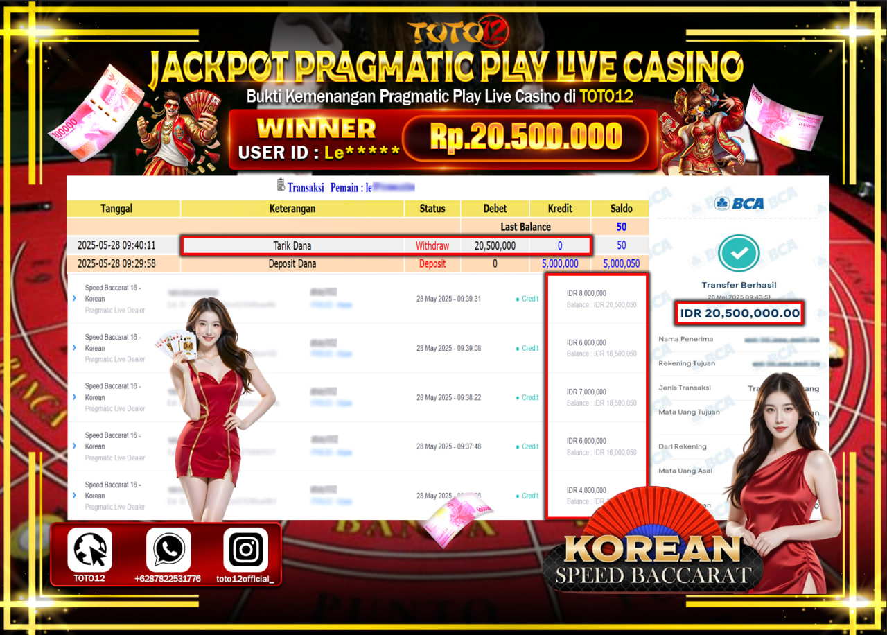 HANYA DI TOTO12 JP PASTI DI BAYAR LUNAS DAN CEPAT!!!!!! JACKPOT PRAGMATIC PLAY LIVE CASINO (KOREAN SPEED BACCARAT) Rp.20.500.000 !!!!