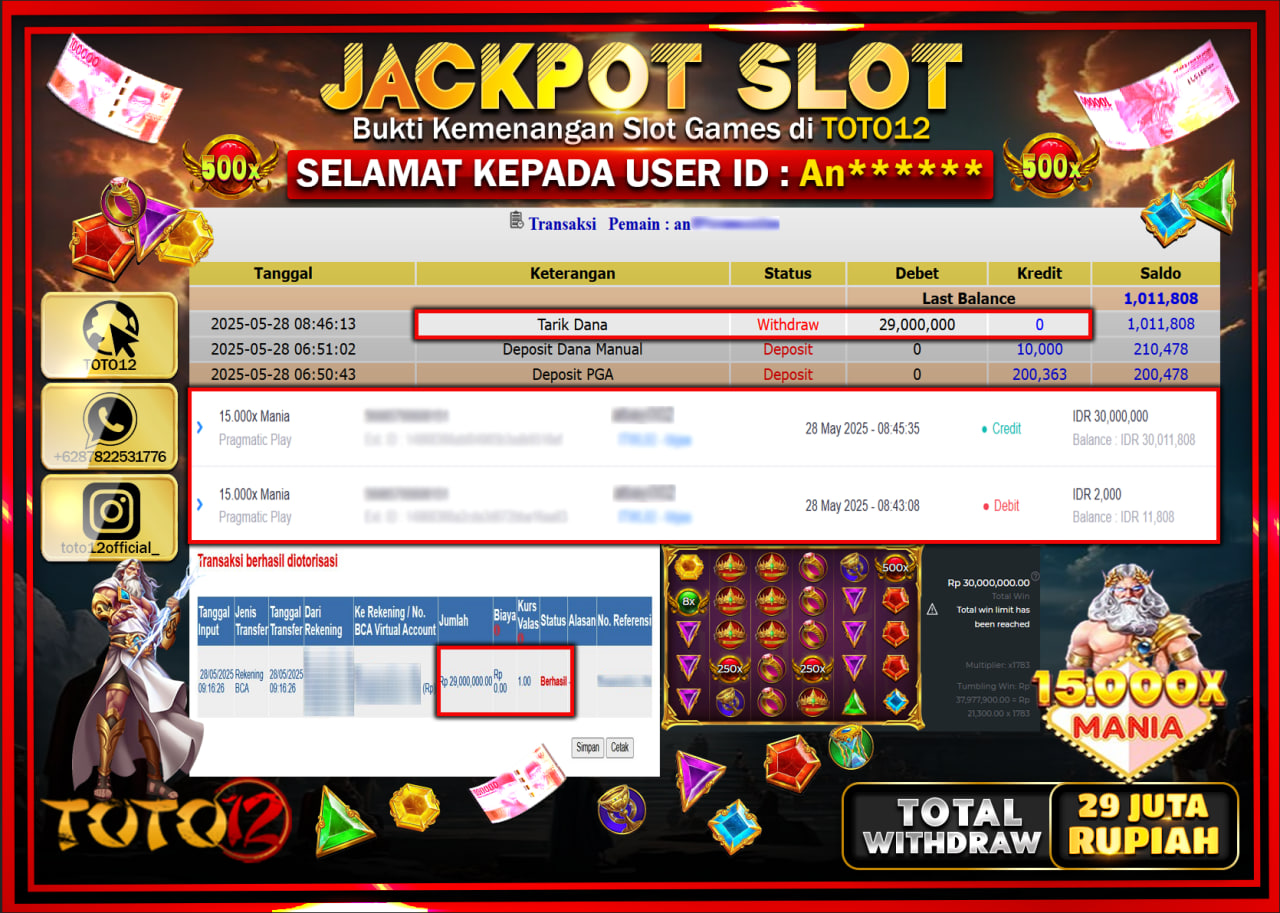HANYA DI TOTO12 JP PASTI DI BAYAR LUNAS DAN CEPAT!!!!!! JACKPOT SLOT GAME (15.000X MANIA) Rp.29.000.000 !!!!