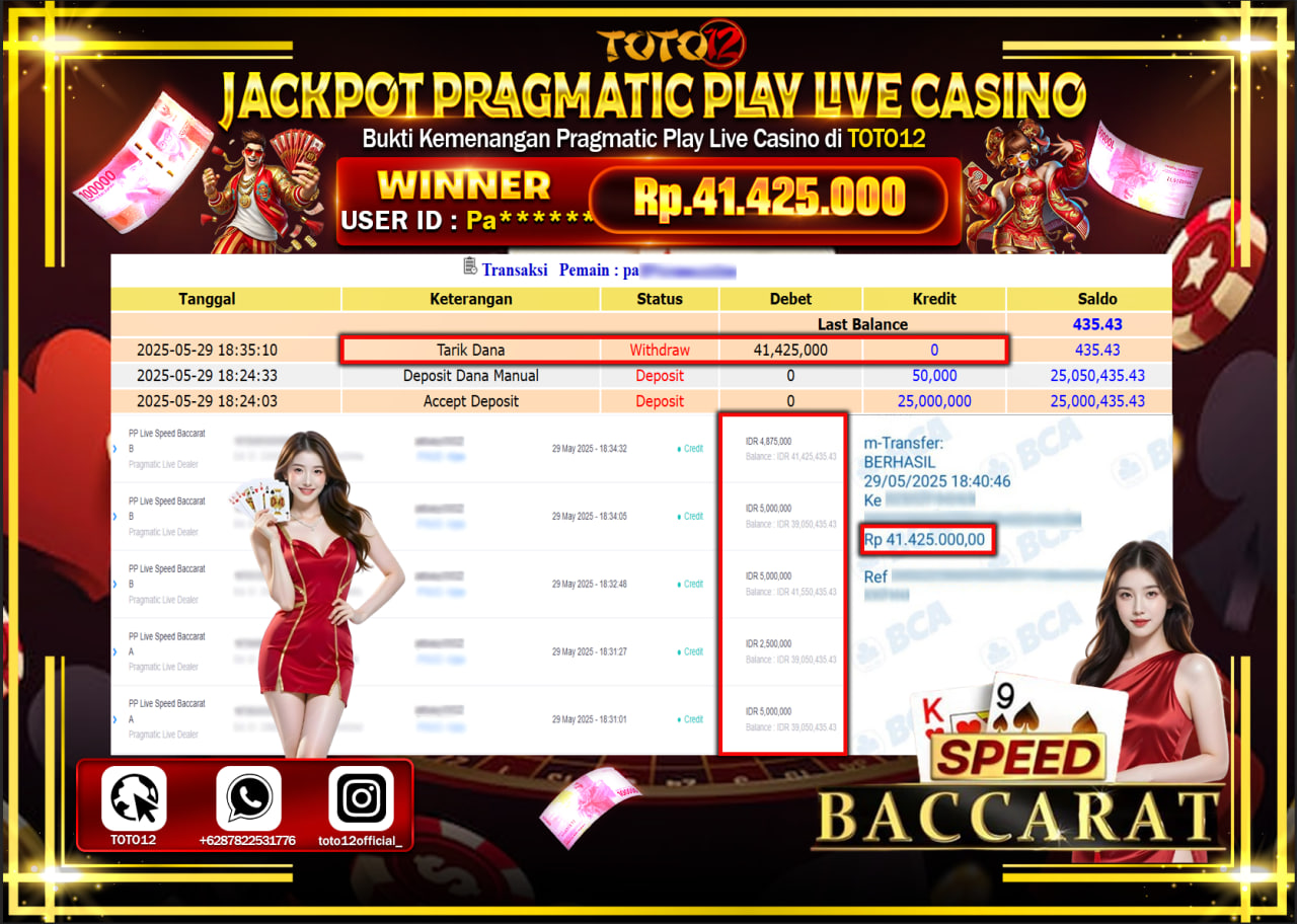 HANYA DI TOTO12 JP PASTI DI BAYAR LUNAS DAN CEPAT!!!!!! JACKPOT PRAGMATIC PLAY LIVE CASINO (SPEED BACCARAT) Rp.41.425.000 !!!!