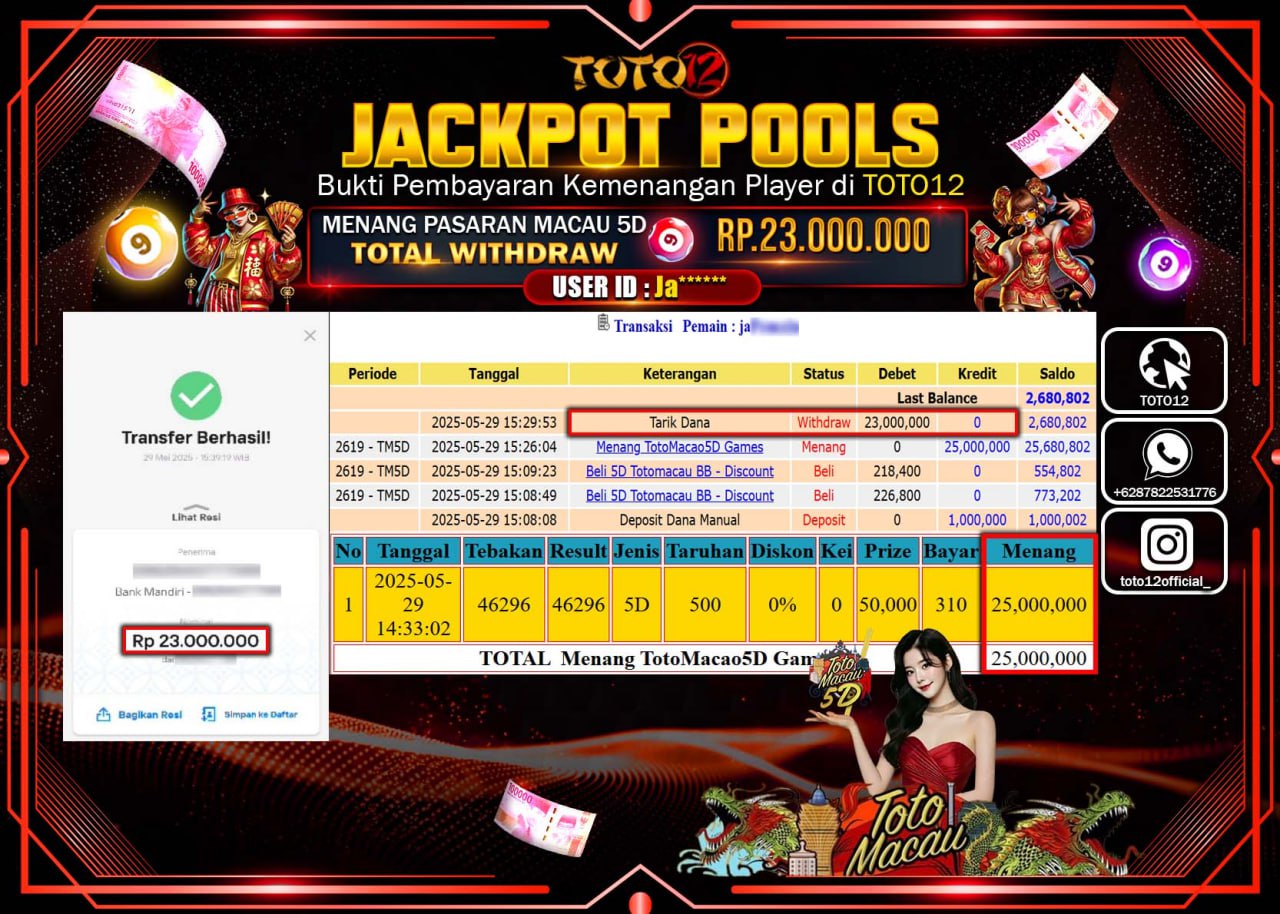 HANYA DI TOTO12 JP PASTI DI BAYAR LUNAS DAN CEPAT!!!!!! JACKPOT POOLS PASARAN (TOTO MACAU5D) Rp.23.000.000 !!!!