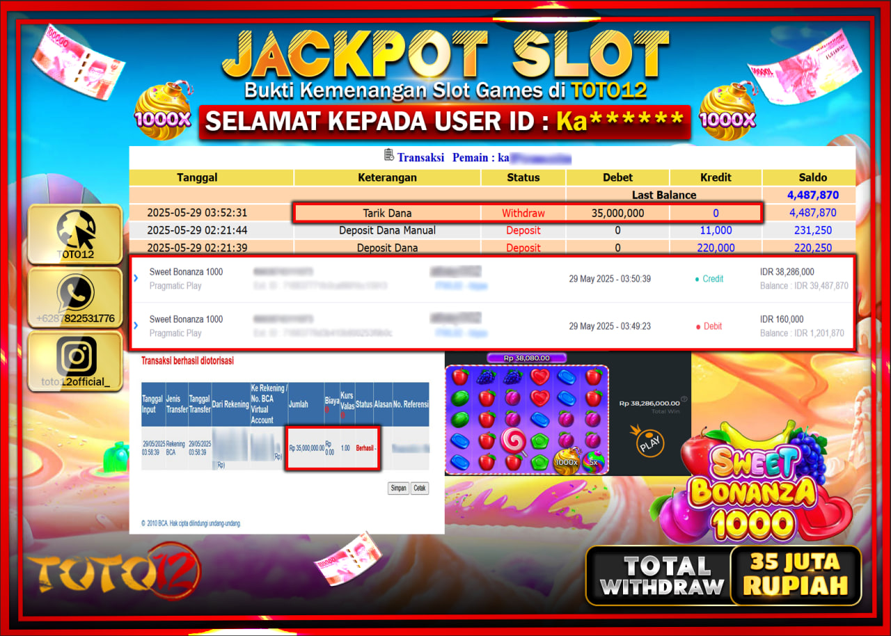HANYA DI TOTO12 JP PASTI DI BAYAR LUNAS DAN CEPAT!!!!!! JACKPOT SLOT GAME (SWEET BONANZA 1000) Rp.35.000.000 !!!!