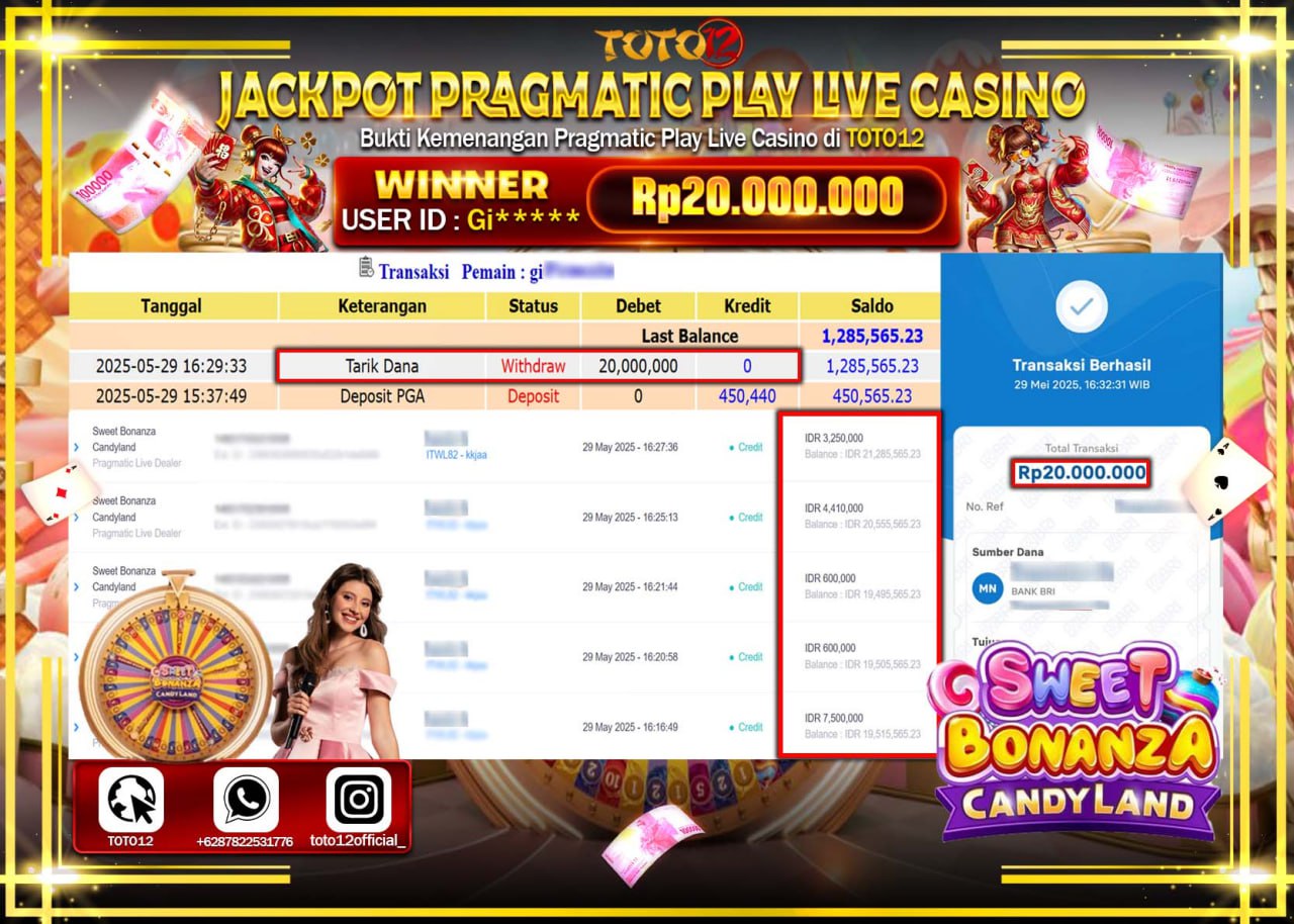 HANYA DI TOTO12 JP PASTI DI BAYAR LUNAS DAN CEPAT!!!!!! JACKPOT PRAGMATIC PLAY LIVE CASINO (SWEET BONANZA CANDY LAND) Rp.20.000.000 !!!!
