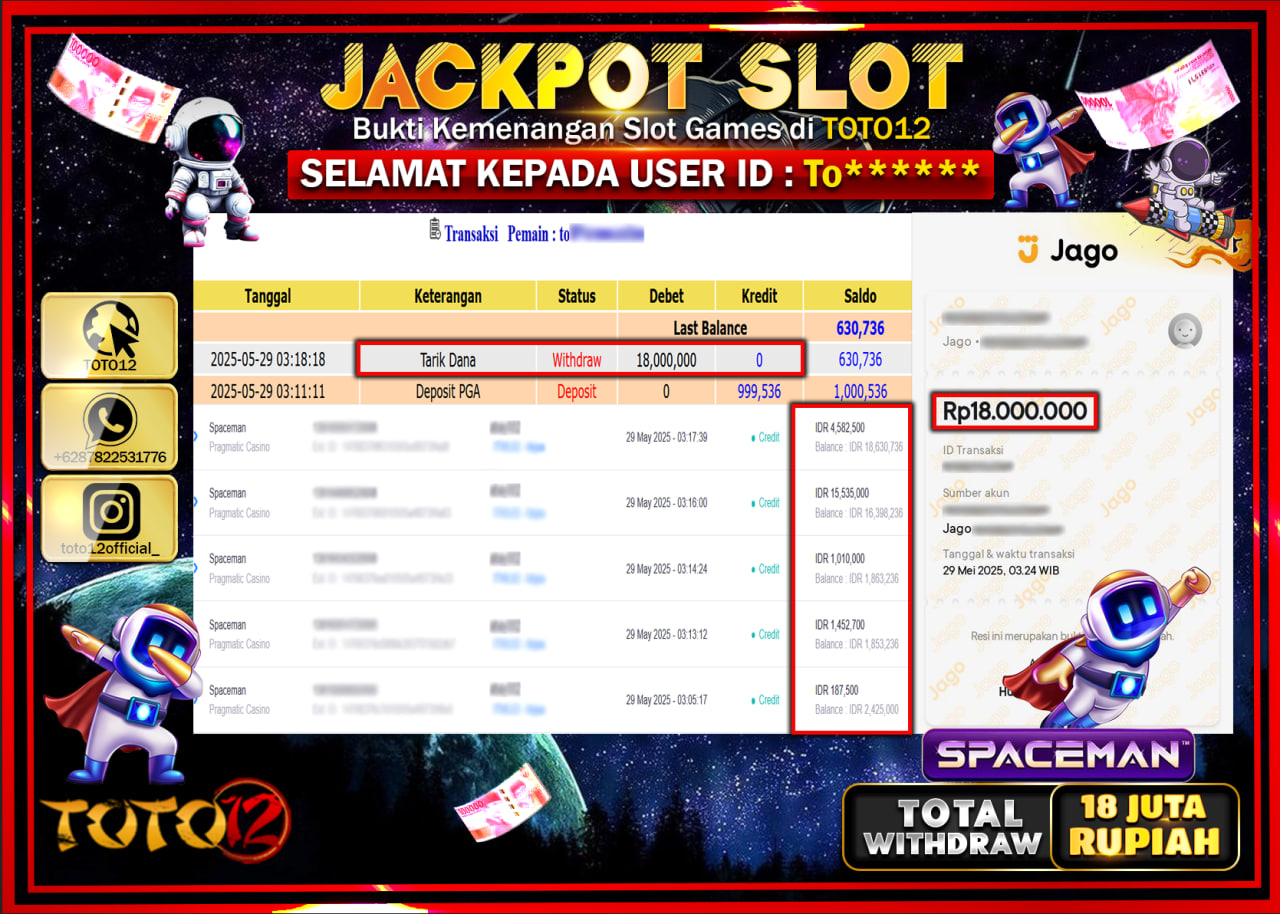 HANYA DI TOTO12 JP PASTI DI BAYAR LUNAS DAN CEPAT!!!!!! JACKPOT SLOT GAME (SPACEMAN) Rp.18.000.000 !!!!