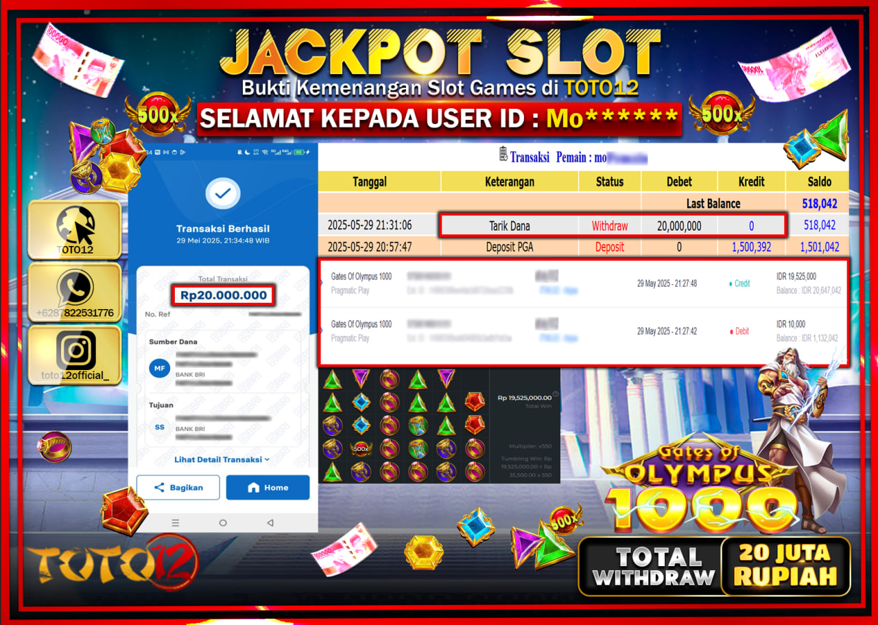HANYA DI TOTO12 JP PASTI DI BAYAR LUNAS DAN CEPAT!!!!!! JACKPOT SLOT GAME (GATES OF OLYMPUS 1000) Rp.20.000.000 !!!!