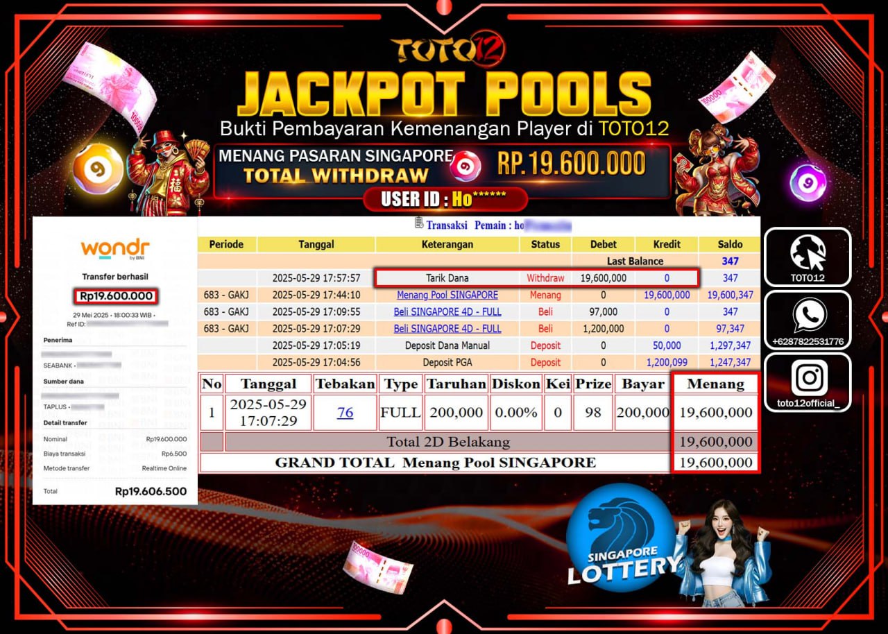 HANYA DI TOTO12 JP PASTI DI BAYAR LUNAS DAN CEPAT!!!!!! JACKPOT POOLS PASARAN (SINGAPORE) Rp.19.600.000 !!!!