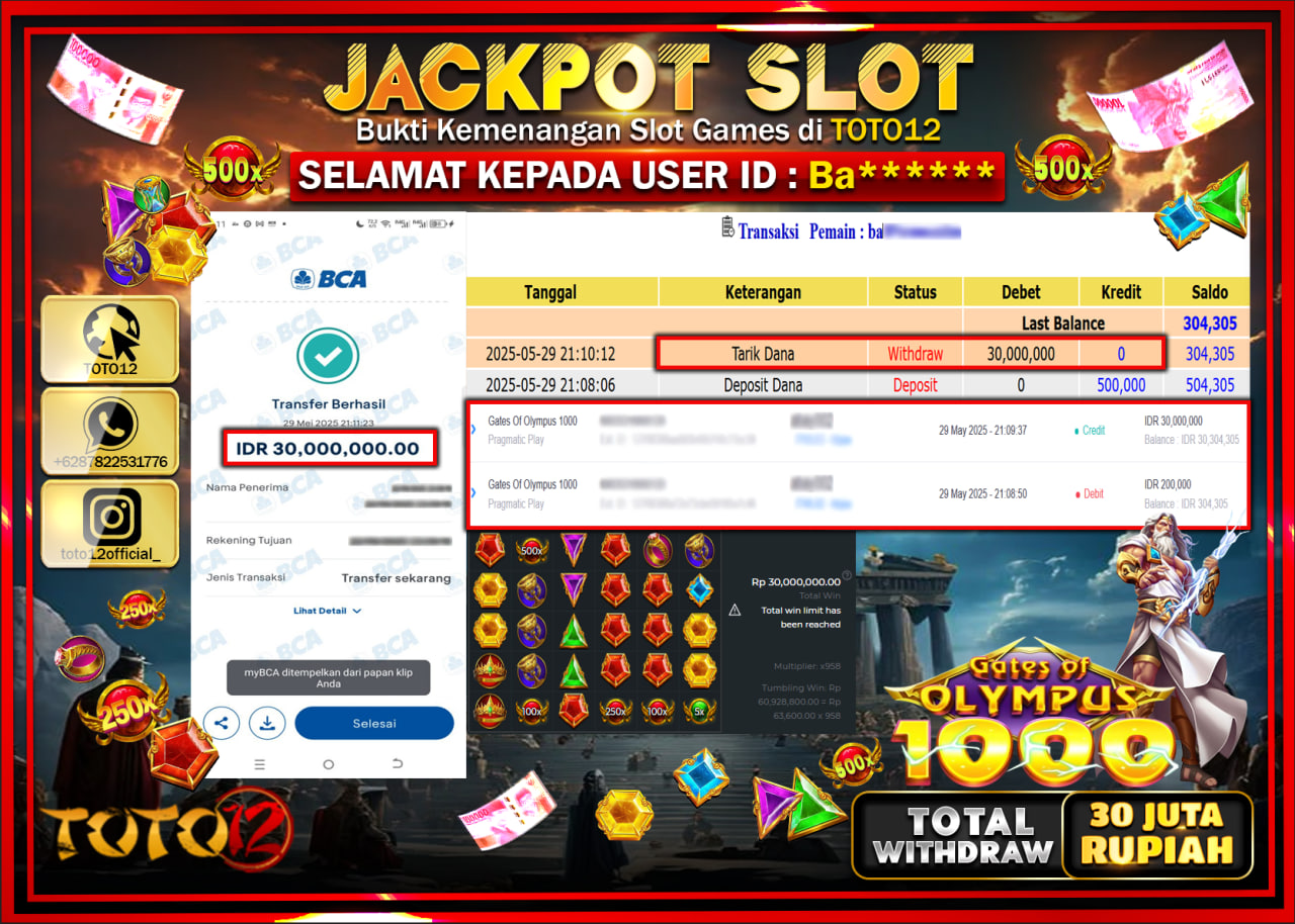 HANYA DI TOTO12 JP PASTI DI BAYAR LUNAS DAN CEPAT!!!!!! JACKPOT SLOT GAME (GATES OF OLYMPUS 1000) Rp.30.000.000 !!!!