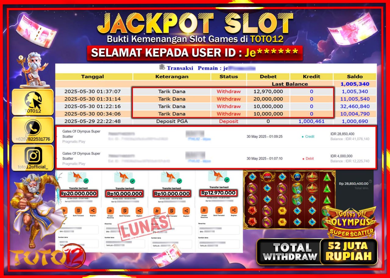 HANYA DI TOTO12 JP PASTI DI BAYAR LUNAS DAN CEPAT!!!!!! JACKPOT SLOT GAME (GATES OF OLYMPUS SUPER SCATTER) Rp.52.000.000 !!!!