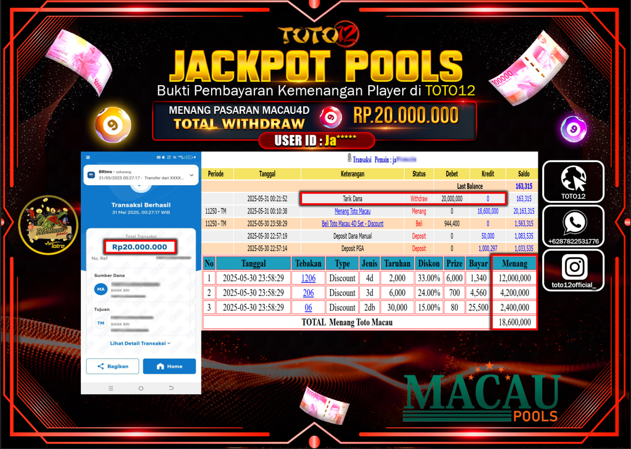 HANYA DI TOTO12 JP PASTI DI BAYAR LUNAS DAN CEPAT!!!!!! JACKPOT POOLS PASARAN (TOTO MACAU4D) Rp.20.000.000 !!!!