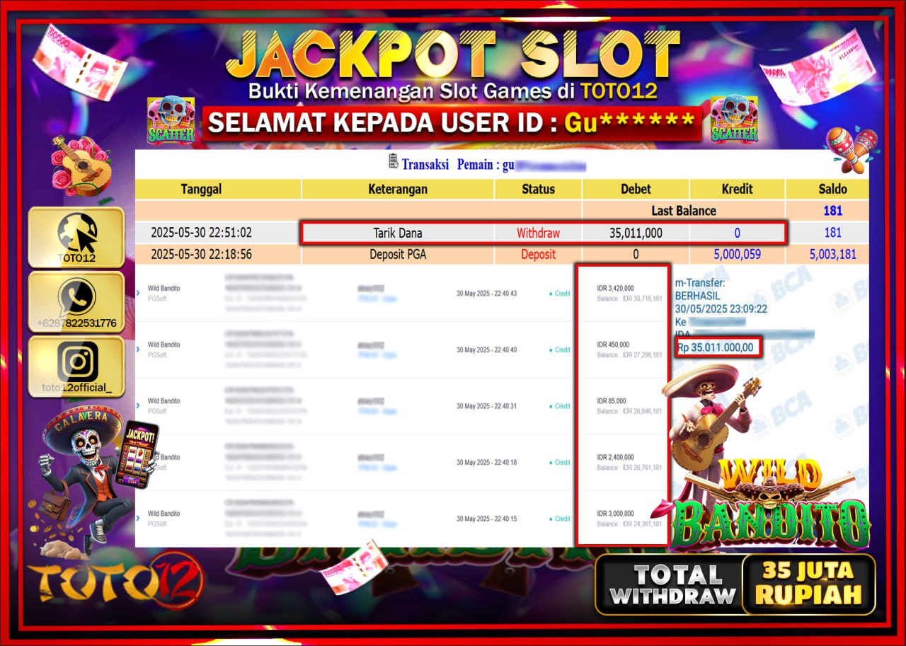 HANYA DI TOTO12 JP PASTI DI BAYAR LUNAS DAN CEPAT!!!!!! JACKPOT SLOT GAME (WILD BANDITO) Rp.35.000.000 !!!!