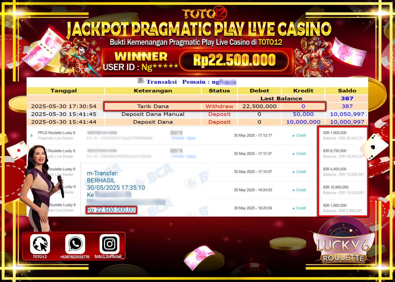 HANYA DI TOTO12 JP PASTI DI BAYAR LUNAS DAN CEPAT!!!!!! JACKPOT PRAGMATIC PLAY LIVE CASINO (ROULEETTE LUCKY 6) Rp.22.500.000 !!!!