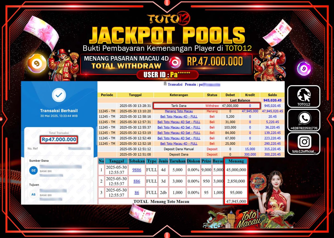 HANYA DI TOTO12 JP PASTI DI BAYAR LUNAS DAN CEPAT!!!!!! JACKPOT POOLS PASARAN (TOTO MACAU4D) Rp.47.000.000 !!!!