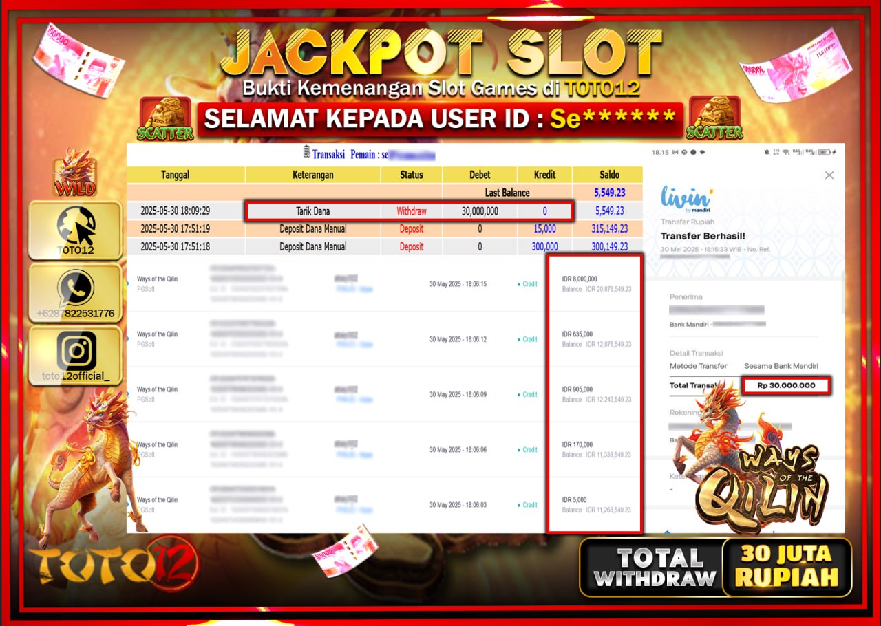 HANYA DI TOTO12 JP PASTI DI BAYAR LUNAS DAN CEPAT!!!!!! JACKPOT SLOT GAME (WAYS OF THE QILIN) Rp.30.000.000 !!!!
