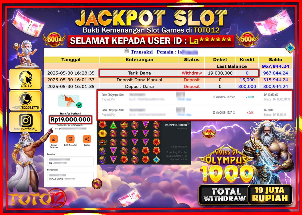 HANYA DI TOTO12 JP PASTI DI BAYAR LUNAS DAN CEPAT!!!!!! JACKPOT SLOT GAME (GATES OF OLYMPUS 1000) Rp.19.000.000 !!!!