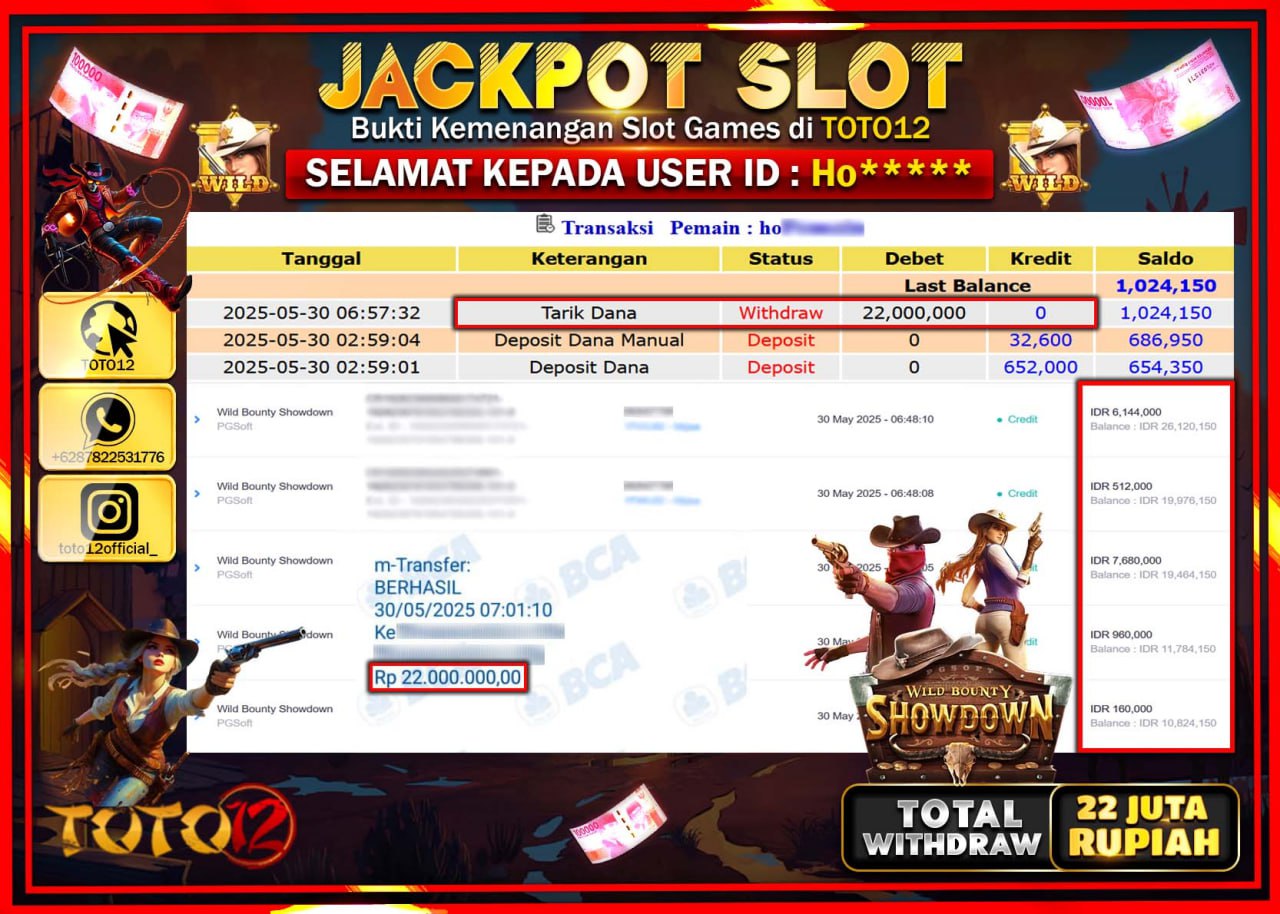 HANYA DI TOTO12 JP PASTI DI BAYAR LUNAS DAN CEPAT!!!!!! JACKPOT SLOT GAME (WILD BOUNTY SHOWDOWN) Rp.22.000.000 !!!!