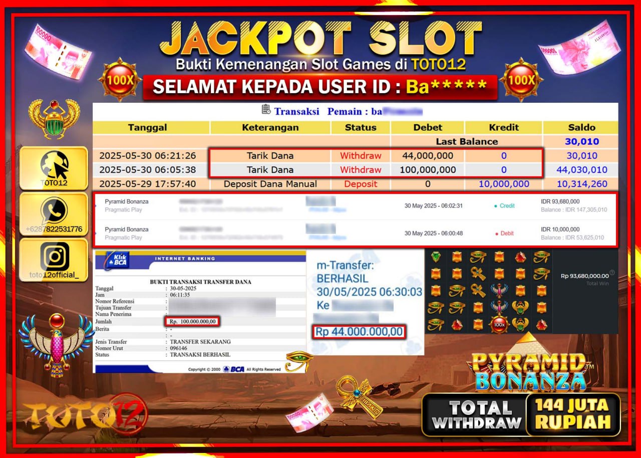 HANYA DI TOTO12 JP PASTI DI BAYAR LUNAS DAN CEPAT!!!!!! JACKPOT SLOT GAME (PYRAMID BONANZA) Rp.144.000.000 !!!!