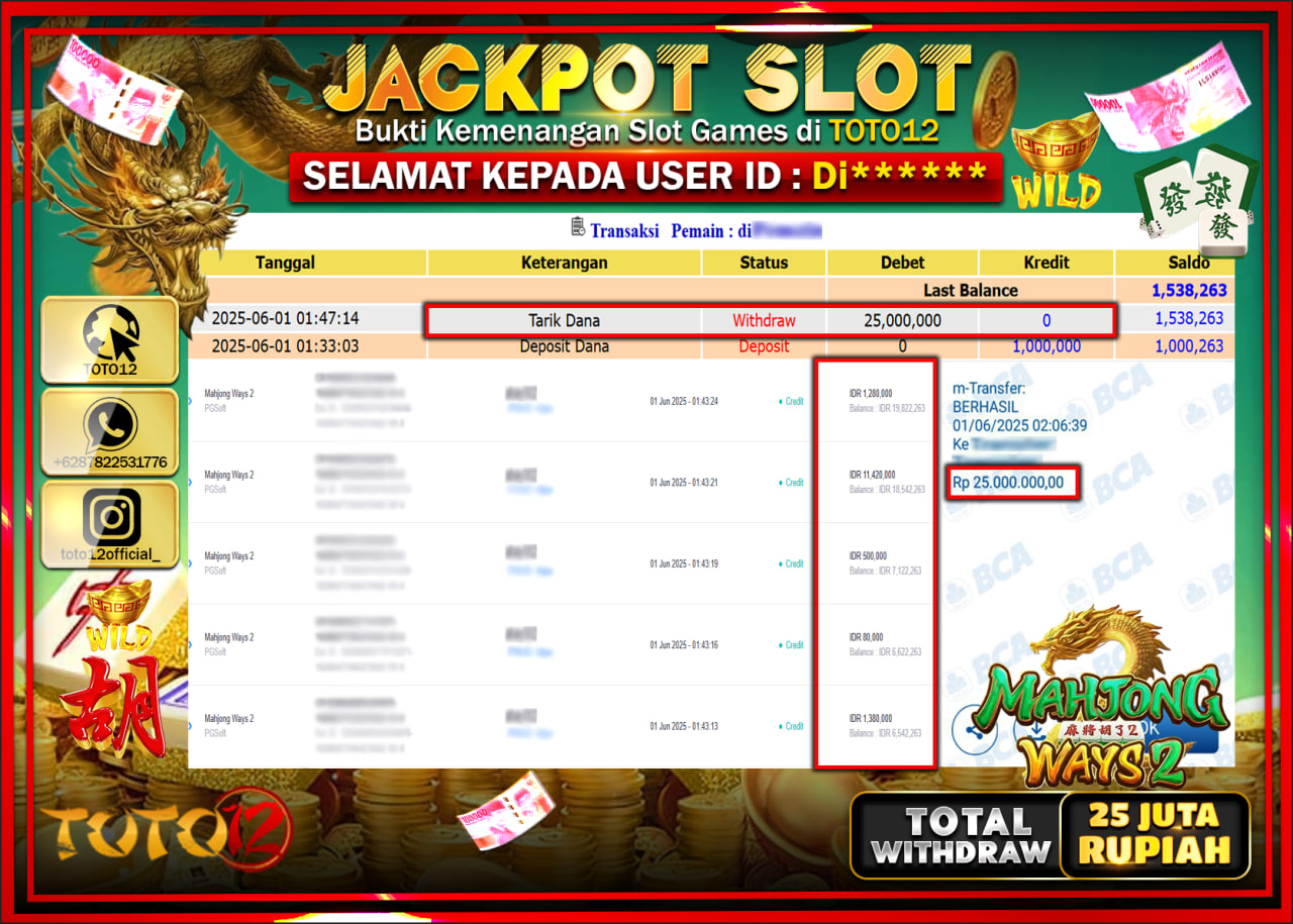 HANYA DI TOTO12 JP PASTI DI BAYAR LUNAS DAN CEPAT!!!!!! JACKPOT SLOT GAME (MAHJONG WAYS 2) Rp.25.000.000 !!!!