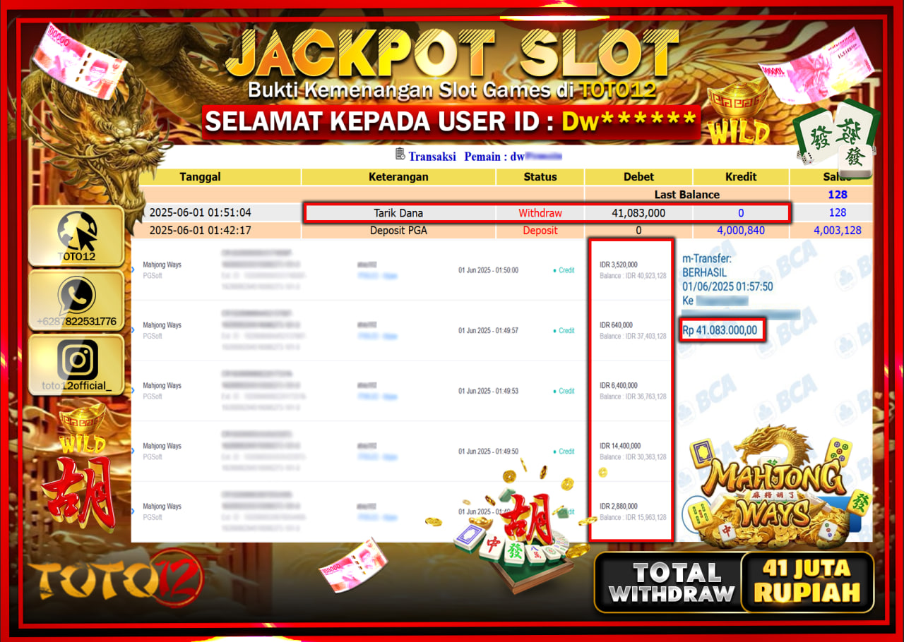 HANYA DI TOTO12 JP PASTI DI BAYAR LUNAS DAN CEPAT!!!!!! JACKPOT SLOT GAME (MAHJONG WAYS) Rp.41.000.000 !!!!