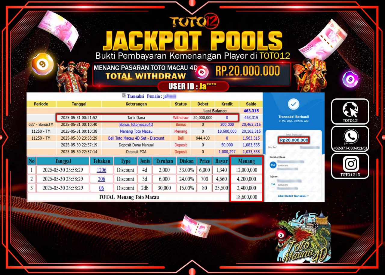 HANYA DI TOTO12 JP PASTI DI BAYAR LUNAS DAN CEPAT!!!!!! JACKPOT POOLS PASARAN (TOTO MACAU4D) Rp.20.000.000 !!!!