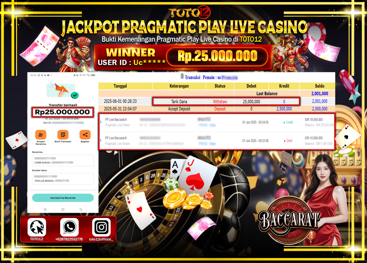 HANYA DI TOTO12 JP PASTI DI BAYAR LUNAS DAN CEPAT!!!!!! JACKPOT PRAGMATIC PLAY LIVE CASINO (BACCARAT A) Rp.25.000.000 !!!!