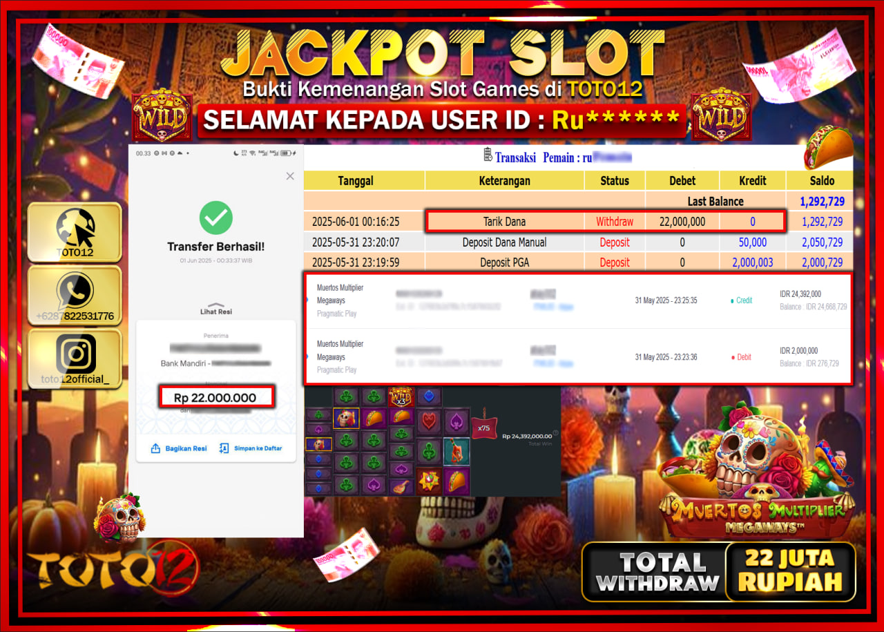 HANYA DI TOTO12 JP PASTI DI BAYAR LUNAS DAN CEPAT!!!!!! JACKPOT SLOT GAME (MUERTOS MULTIPLIER MEGAWAYS) Rp.22.000.000 !!!!