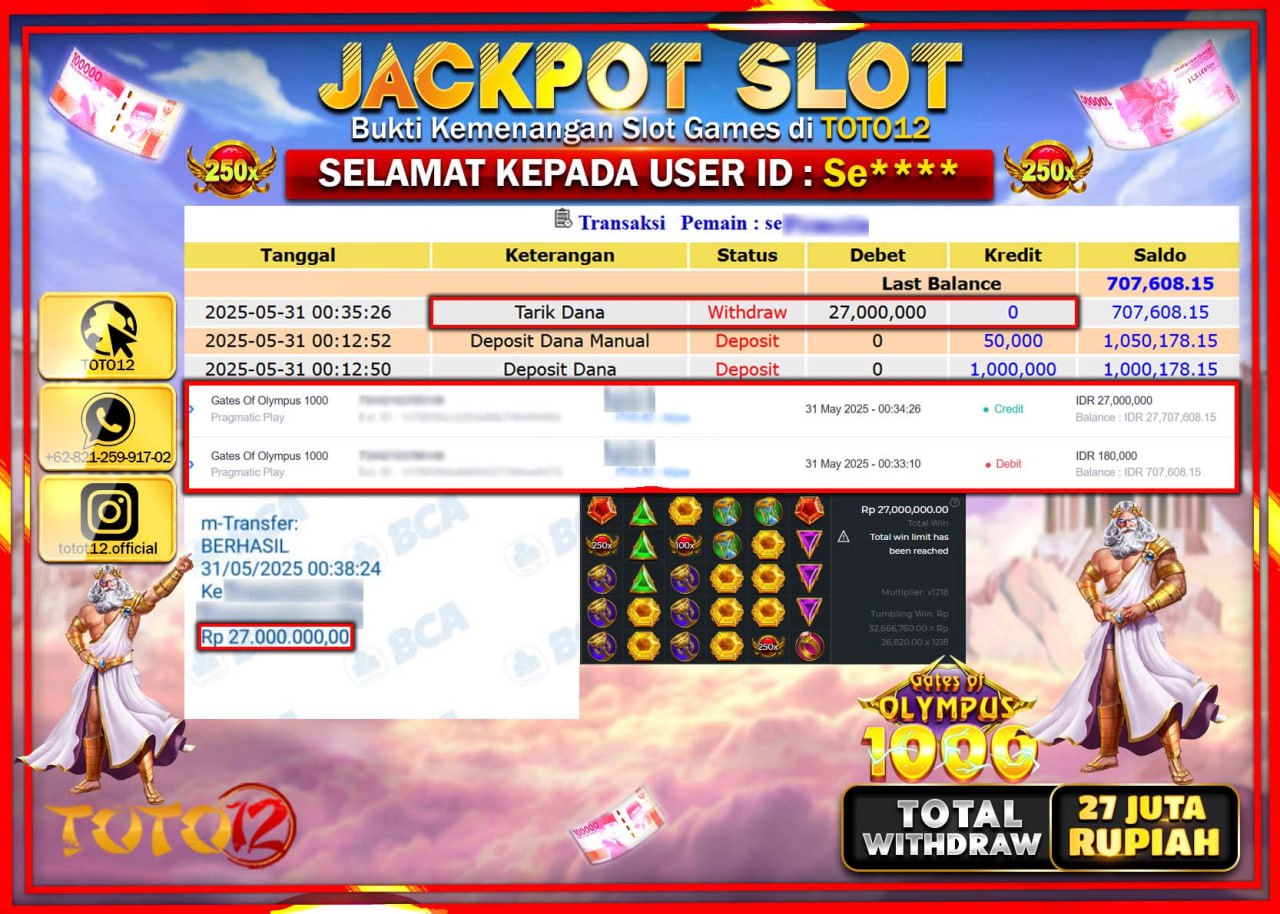 HANYA DI TOTO12 JP PASTI DI BAYAR LUNAS DAN CEPAT!!!!!! JACKPOT SLOT GAME (GATES OF OLYMPUS 1000) Rp.27.000.000 !!!!