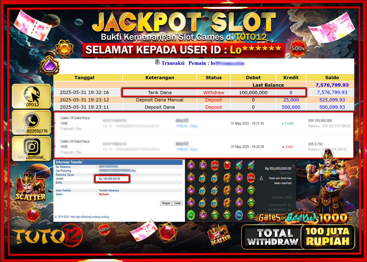 HANYA DI TOTO12 JP PASTI DI BAYAR LUNAS DAN CEPAT!!!!!! JACKPOT SLOT GAME (GATES OF GATOT KACA 1000) Rp.100.000.000 !!!!