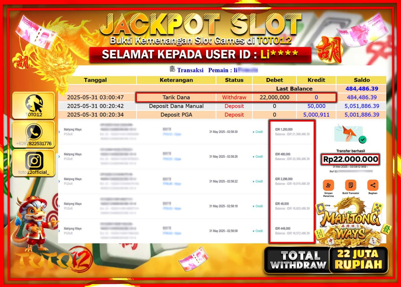 HANYA DI TOTO12 JP PASTI DI BAYAR LUNAS DAN CEPAT!!!!!! JACKPOT SLOT GAME (MAHJONG WAYS) Rp.22.000.000 !!!!