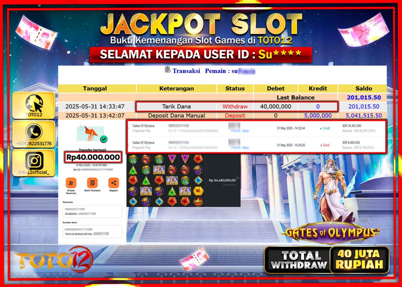 HANYA DI TOTO12 JP PASTI DI BAYAR LUNAS DAN CEPAT!!!!!! JACKPOT SLOT GAME (GATES OF OLYMPUS) Rp.40.000.000 !!!!