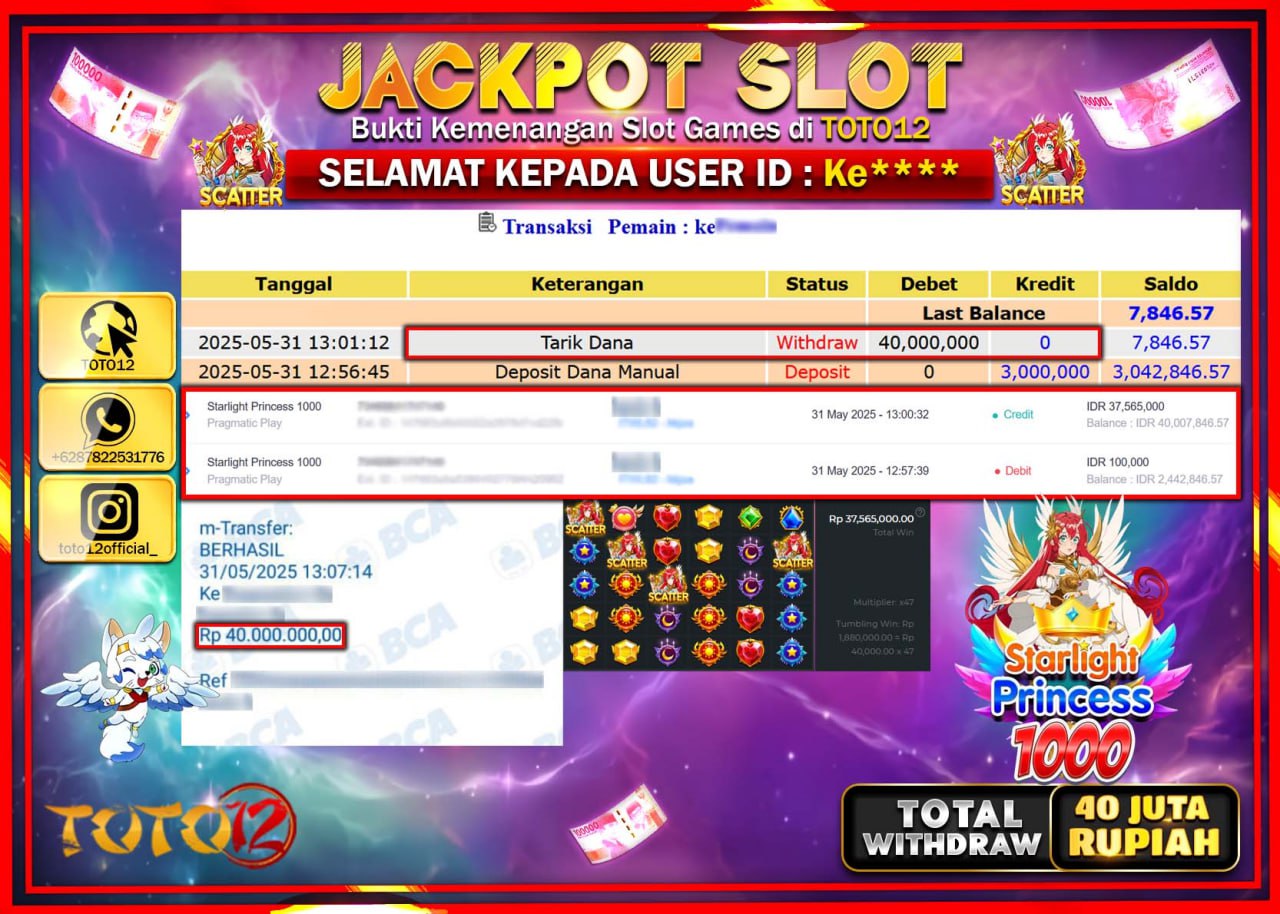 HANYA DI TOTO12 JP PASTI DI BAYAR LUNAS DAN CEPAT!!!!!! JACKPOT SLOT GAME (STARLIGHT PRINCESS 1000) Rp.40.000.000 !!!!