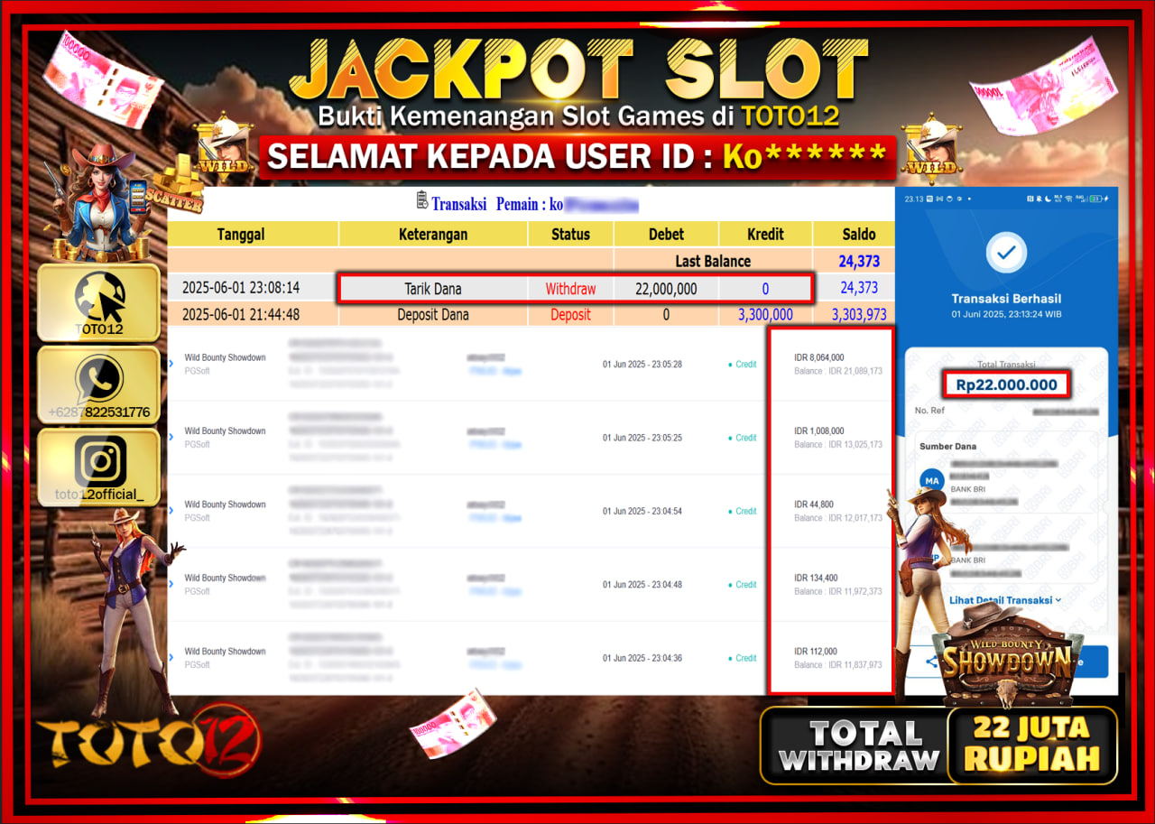 HANYA DI TOTO12 JP PASTI DI BAYAR LUNAS DAN CEPAT!!!!!! JACKPOT SLOT GAME (WILD BOUNTY SHOWDOWN) Rp.22.000.000 !!!!