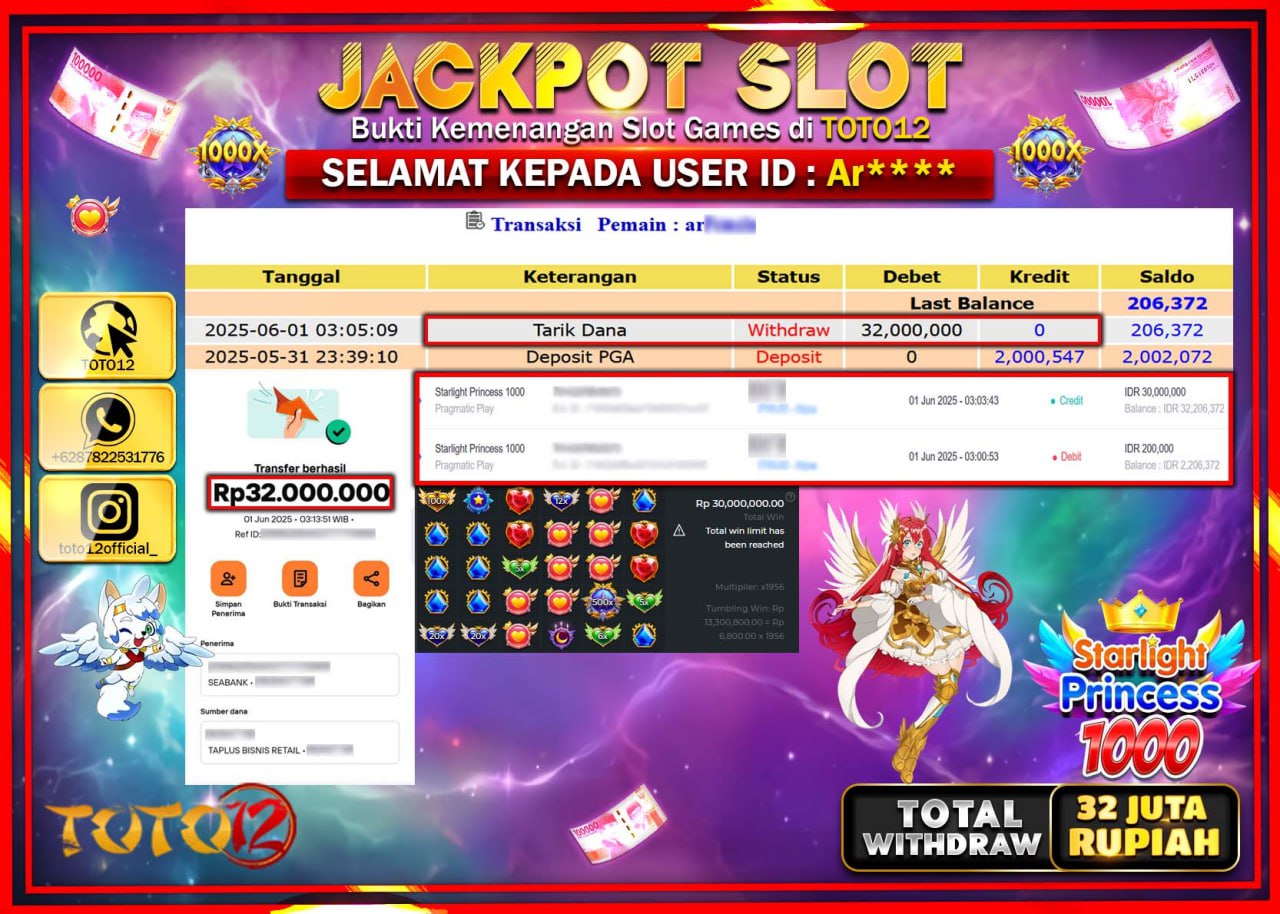 HANYA DI TOTO12 JP PASTI DI BAYAR LUNAS DAN CEPAT!!!!!! JACKPOT SLOT GAME (STARLIGHT PRINCESS 1000) Rp.32.000.000 !!!!
