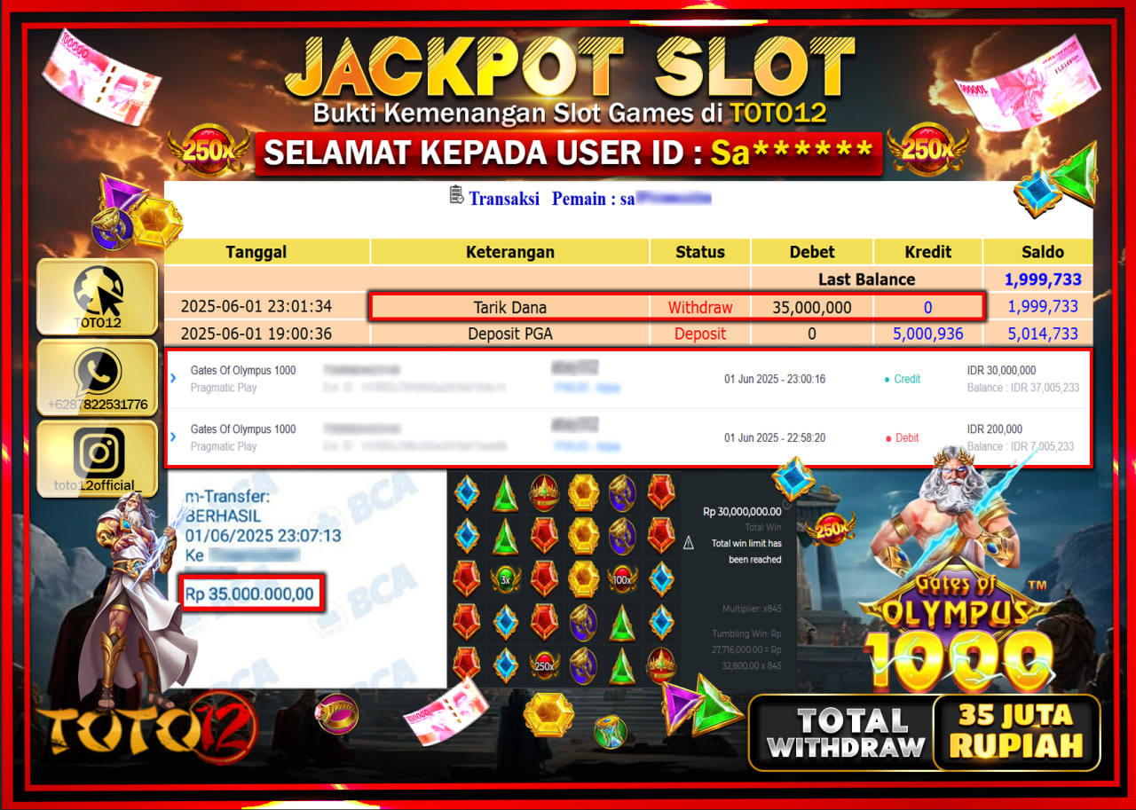HANYA DI TOTO12 JP PASTI DI BAYAR LUNAS DAN CEPAT!!!!!! JACKPOT SLOT GAME (GATES OF OLYMPUS 1000) Rp.35.000.000 !!!!