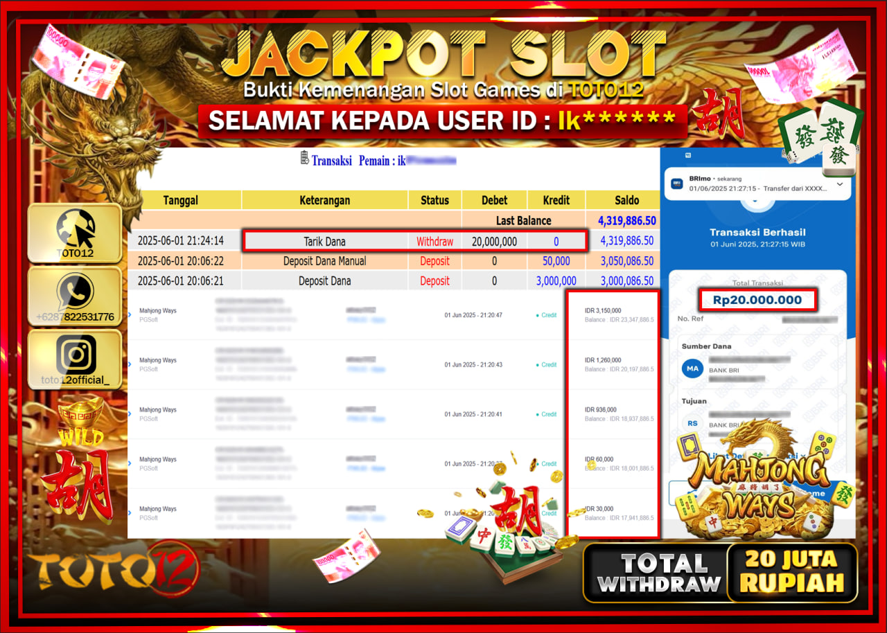 HANYA DI TOTO12 JP PASTI DI BAYAR LUNAS DAN CEPAT!!!!!! JACKPOT SLOT GAME (MAHJONG WAYS) Rp.20.000.000 !!!!