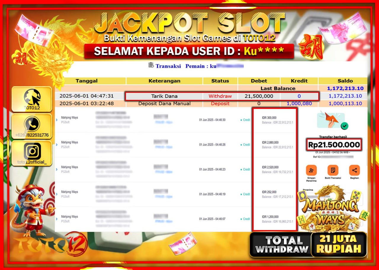 HANYA DI TOTO12 JP PASTI DI BAYAR LUNAS DAN CEPAT!!!!!! JACKPOT SLOT GAME (MAHJONG WAYS) Rp.21.000.000 !!!!