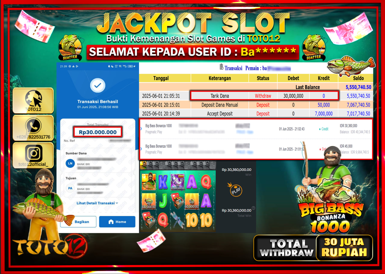 HANYA DI TOTO12 JP PASTI DI BAYAR LUNAS DAN CEPAT!!!!!! JACKPOT SLOT GAME (BIG BASS BONANZA 1000) Rp.30.000.000 !!!!