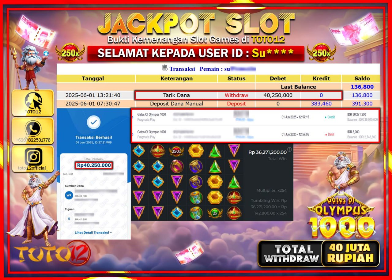 HANYA DI TOTO12 JP PASTI DI BAYAR LUNAS DAN CEPAT!!!!!! JACKPOT SLOT GAME (GATES OF OLYMPUS 1000) Rp.40.000.000 !!!!