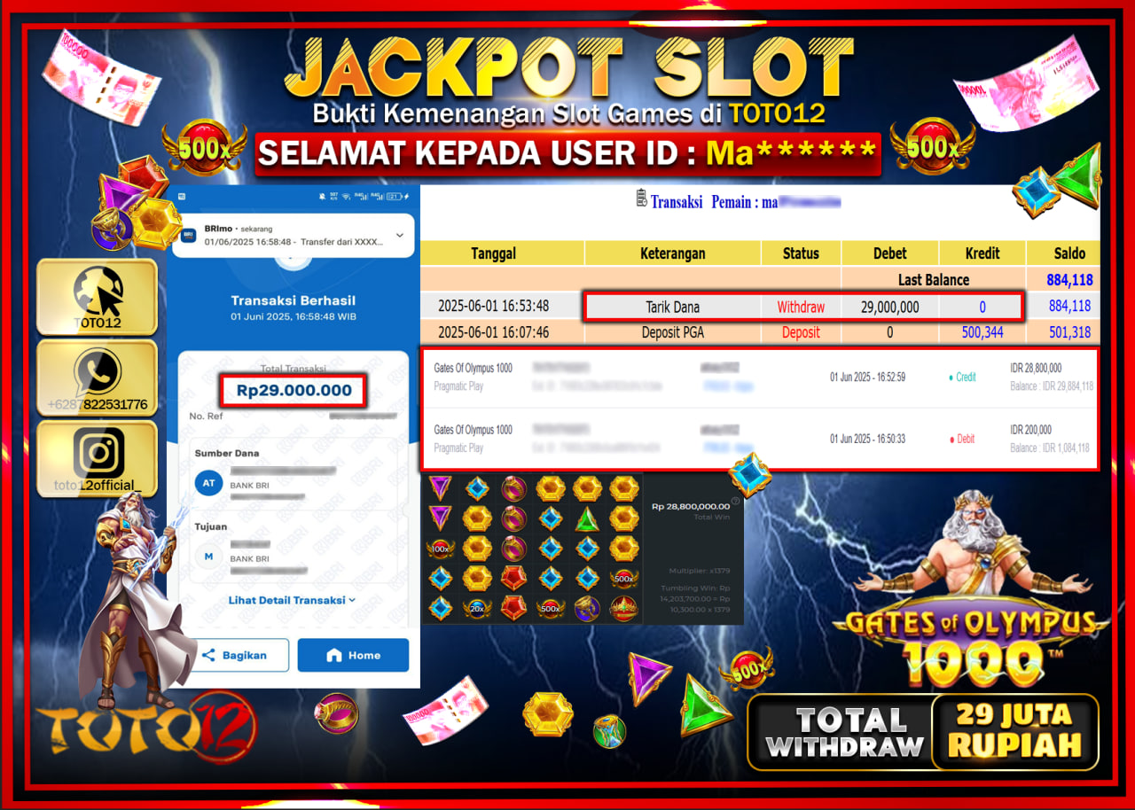 HANYA DI TOTO12 JP PASTI DI BAYAR LUNAS DAN CEPAT!!!!!! JACKPOT SLOT GAME (GATES OF OLYMPUS 1000) Rp.29.000.000 !!!!