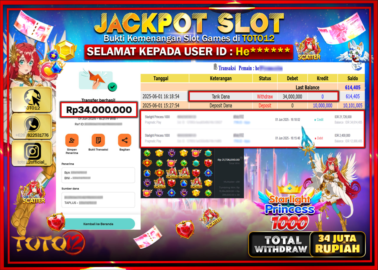 HANYA DI TOTO12 JP PASTI DI BAYAR LUNAS DAN CEPAT!!!!!! JACKPOT SLOT GAME (STARLIGHT PRINCESS 1000) Rp.34.000.000 !!!!