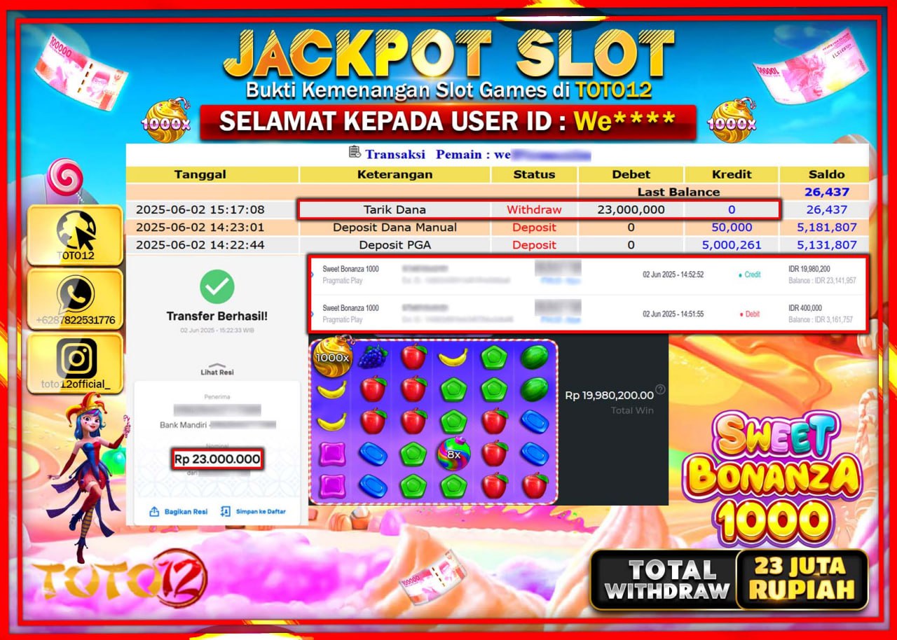 HANYA DI TOTO12 JP PASTI DI BAYAR LUNAS DAN CEPAT!!!!!! JACKPOT SLOT GAME (SWEET BONANZA 1000) Rp.23.000.000 !!!!