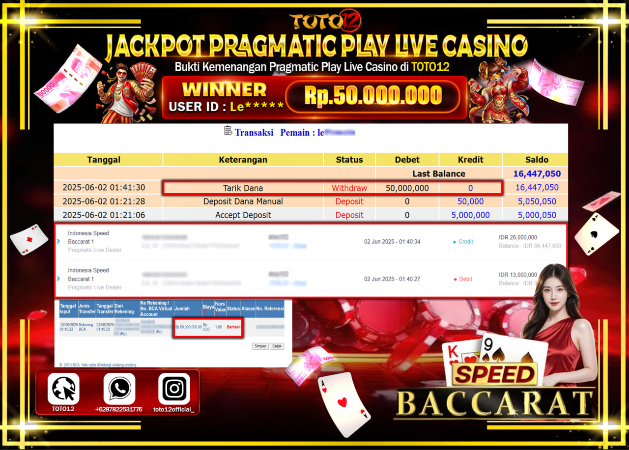 HANYA DI TOTO12 JP PASTI DI BAYAR LUNAS DAN CEPAT!!!!!! JACKPOT PRAGMATIC PLAY LIVE CASINO (SPEED BACCARAT) Rp.50.000.000 !!!!