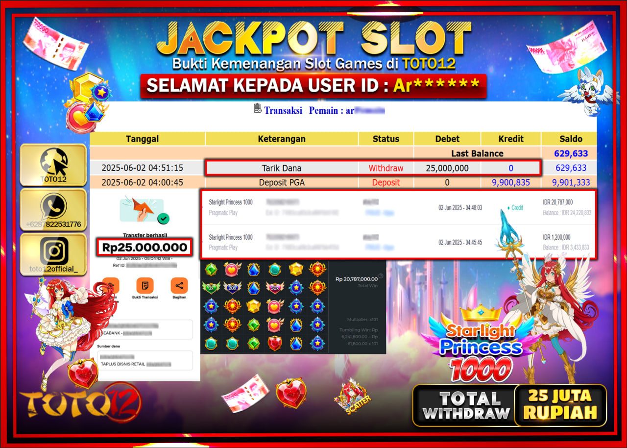 HANYA DI TOTO12 JP PASTI DI BAYAR LUNAS DAN CEPAT!!!!!! JACKPOT SLOT GAME (STARLIGHT PRINCESS 1000) Rp.25.000.000 !!!!
