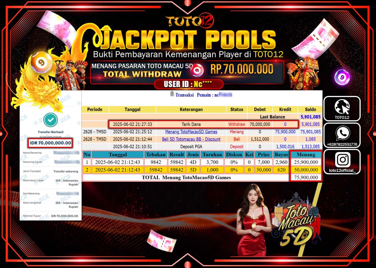 HANYA DI TOTO12 JP PASTI DI BAYAR LUNAS DAN CEPAT!!!!!! JACKPOT POOLS PASARAN (TOTO MACAU5D) Rp.70.000.000 !!!!