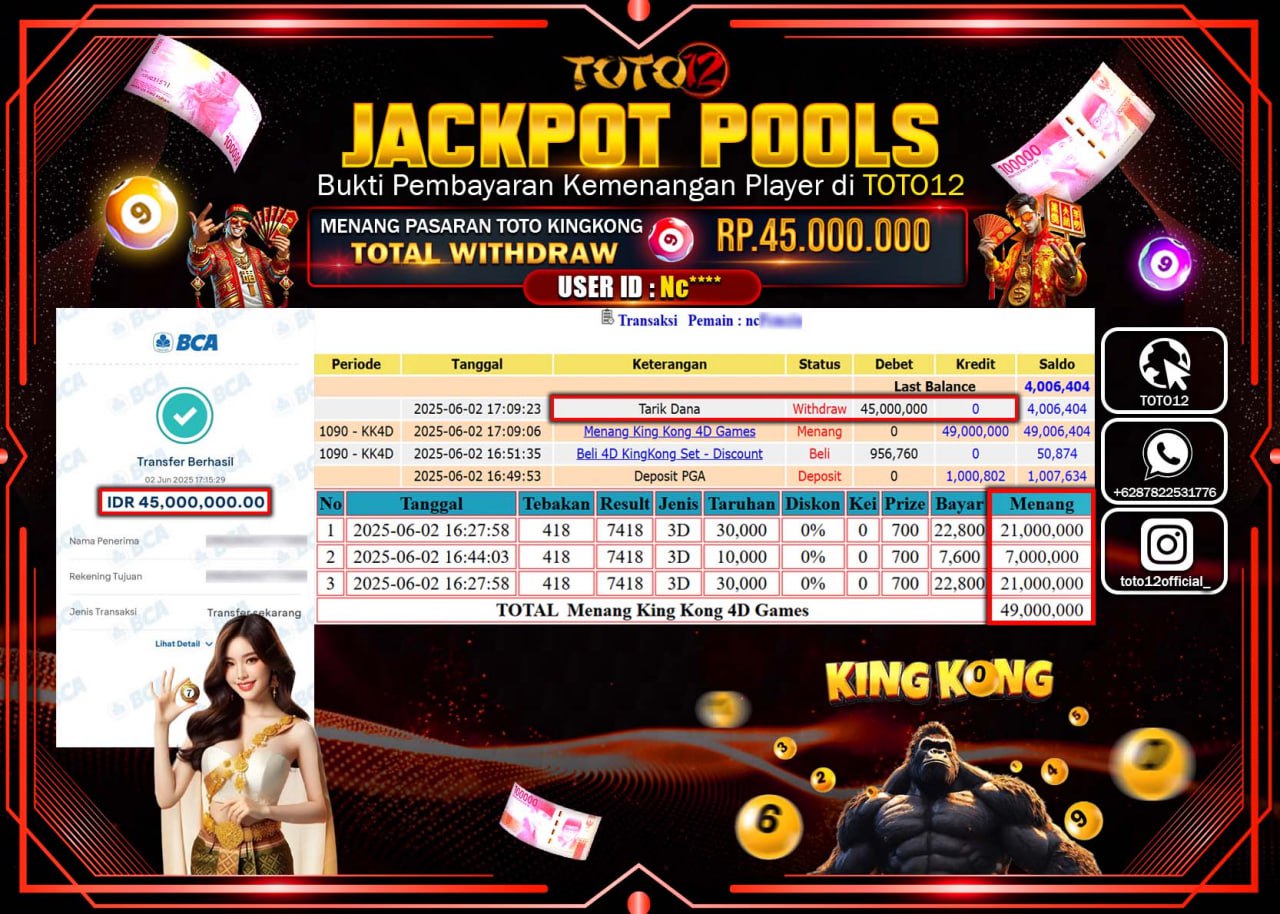 HANYA DI TOTO12 JP PASTI DI BAYAR LUNAS DAN CEPAT!!!!!! JACKPOT POOLS PASARAN (KING KONG) Rp.45.000.000 !!!!
