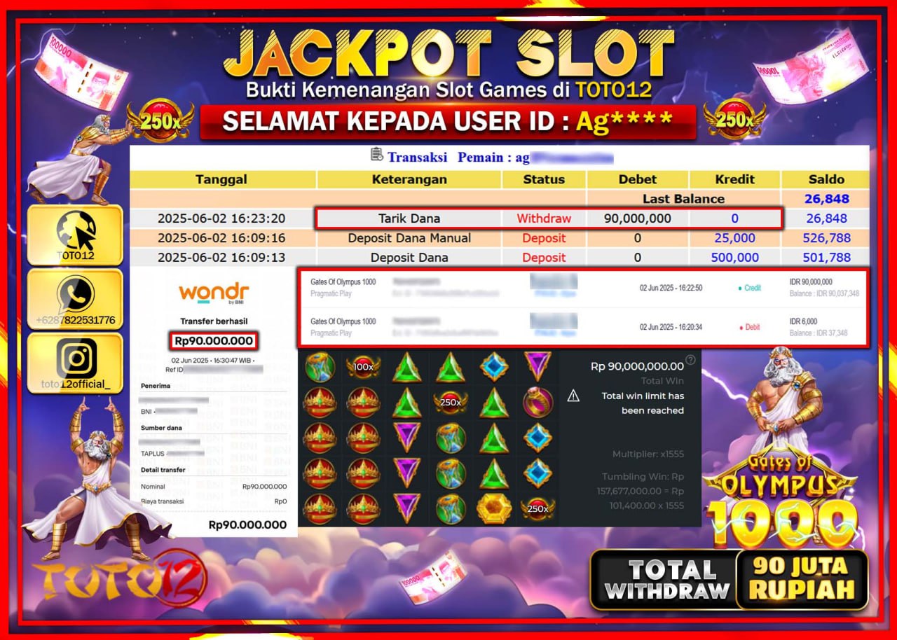HANYA DI TOTO12 JP PASTI DI BAYAR LUNAS DAN CEPAT!!!!!! JACKPOT SLOT GAME (GATES OF OLYMPUS 1000) Rp.90.000.000 !!!!
