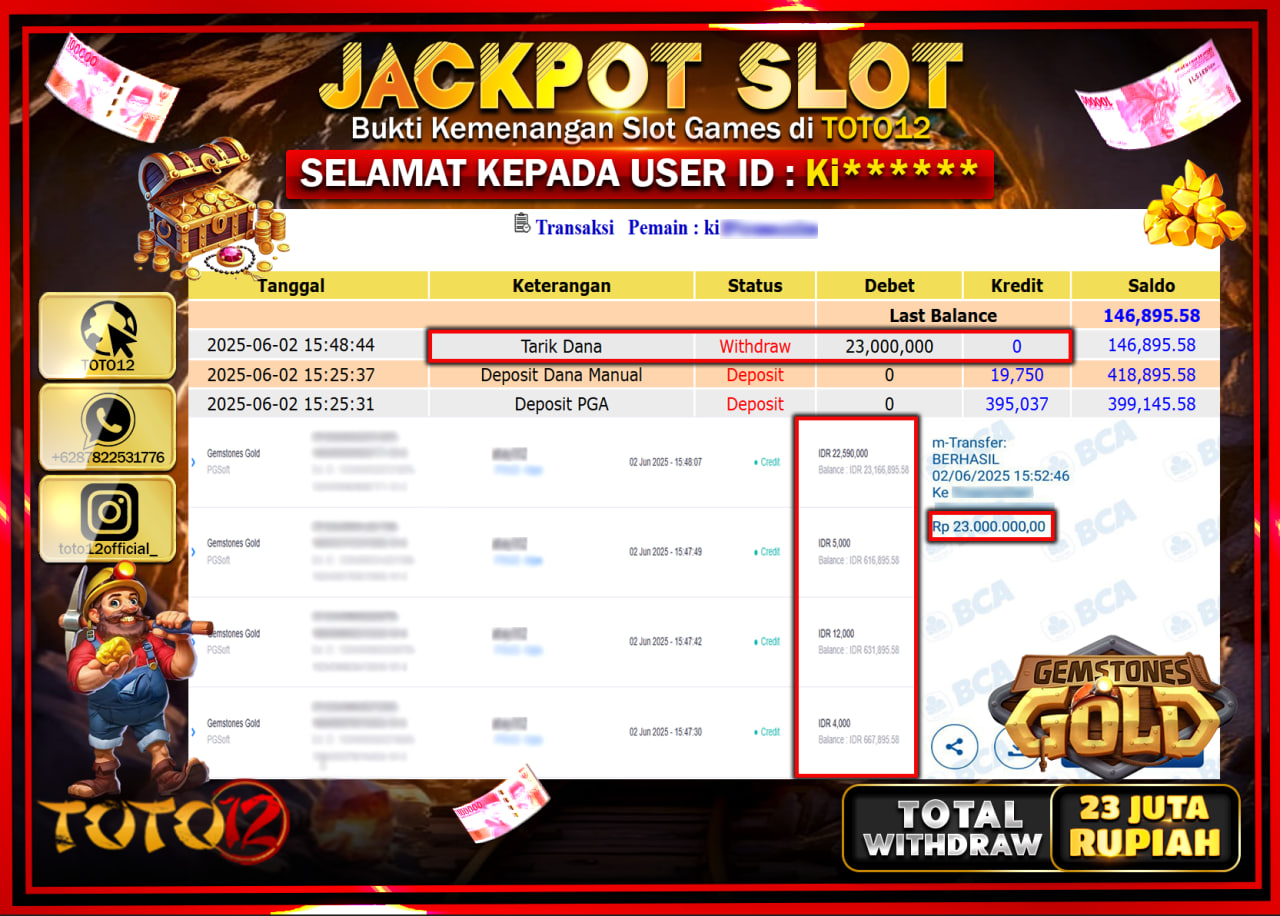 HANYA DI TOTO12 JP PASTI DI BAYAR LUNAS DAN CEPAT!!!!!! JACKPOT SLOT GAME (GEMSTONES GOLD) Rp.23.000.000 !!!!