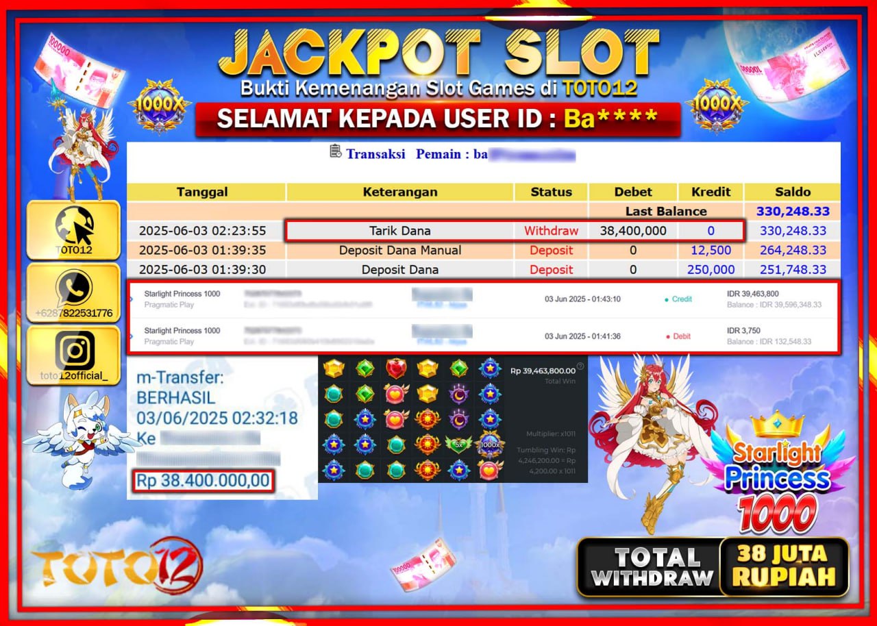 HANYA DI TOTO12 JP PASTI DI BAYAR LUNAS DAN CEPAT!!!!!! JACKPOT SLOT GAME (STARLIGHT PRINCESS 1000) Rp.38.000.000 !!!!