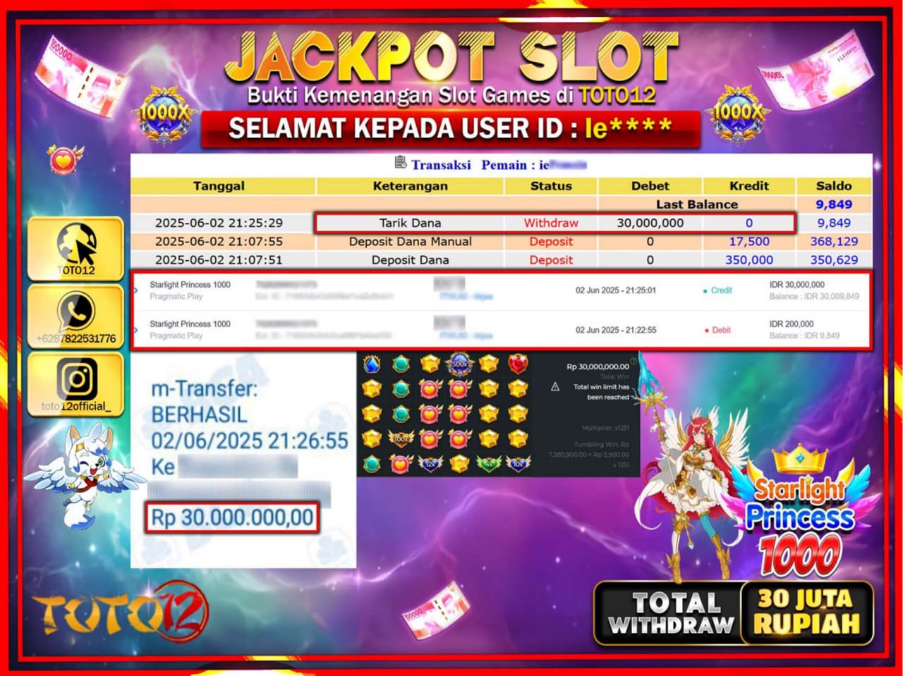 HANYA DI TOTO12 JP PASTI DI BAYAR LUNAS DAN CEPAT!!!!!! JACKPOT SLOT GAME (STARLIGHT PRINCESS 1000) Rp.30.000.000 !!!!