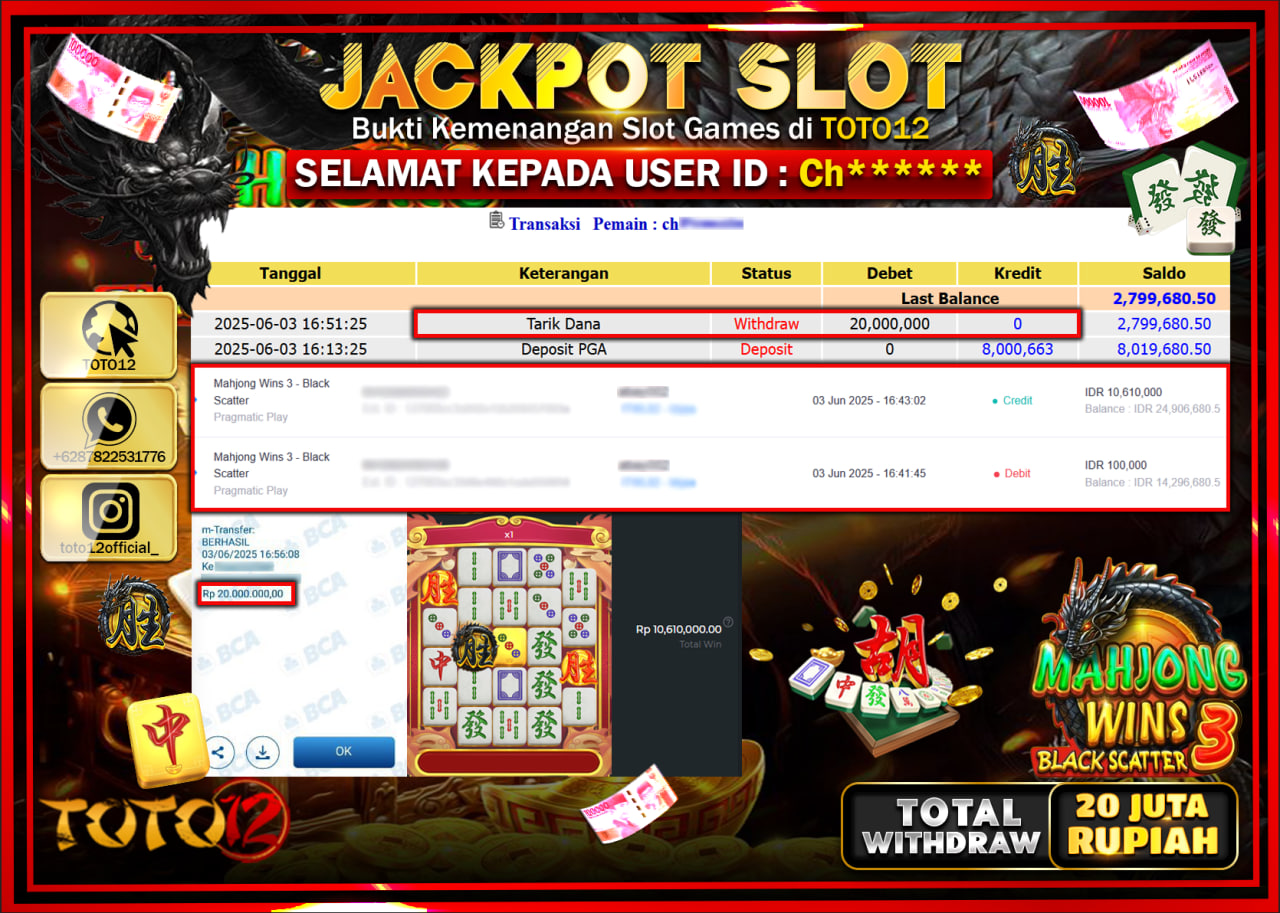 HANYA DI TOTO12 JP PASTI DI BAYAR LUNAS DAN CEPAT!!!!!! JACKPOT SLOT GAME (MAHJONG WINS 3 BLACK SCATTER) Rp.20.000.000 !!!!